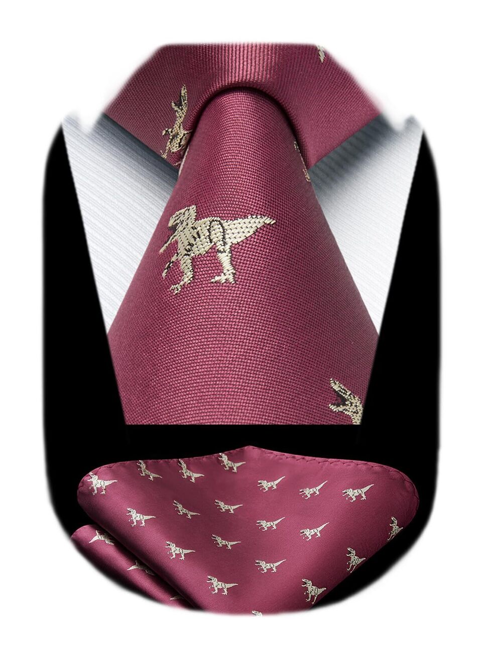 1697 Ties Dinosaur Burgundy Ties and Pocket Square Woven Jacquard Neckties